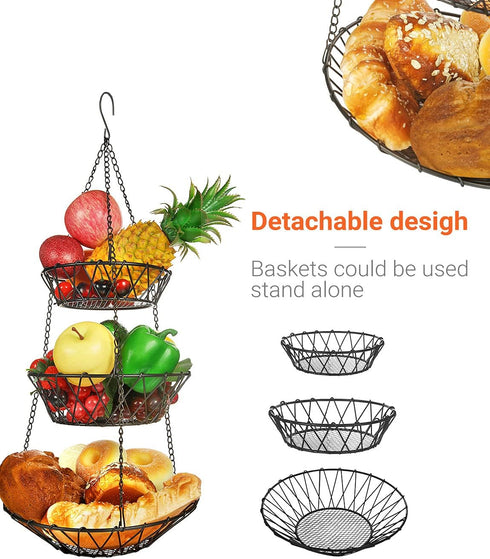 3 Tier Hanging Basket with Sturdy Metal Chain Hooks, Heavy Duty Wire Organizer for Kitchen Storage