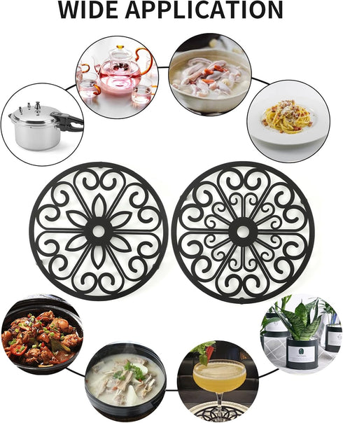 TEAKISS 2 Pack 7 Inch Decorative Round Flower Trivets - Iron Pot Pads, Black Elegant Kitchen and Dining Table