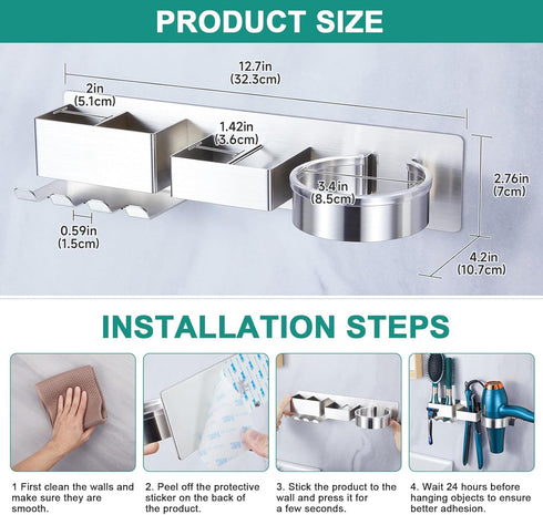 Wall Mounted Hair Dryer Holder, Hair Tool Organizer for Bathroom, Adhesive Stainless Steel Hair Dryer Hanger