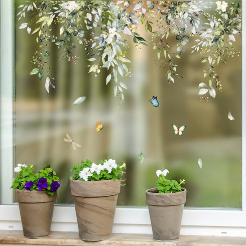Hanging Vine Floral Window Clings - PVC Double-Sided Flower Leaf Anti-Collision Removable Decals for Home Party Shop