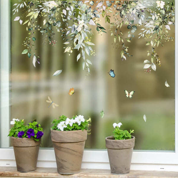Hanging Vine Floral Window Clings - PVC Double-Sided Flower Leaf Anti-Collision Removable Decals for Home Party Shop