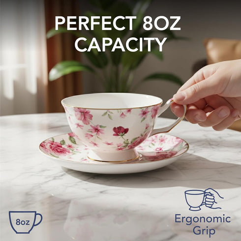 Set 6, 8 oz, Sets, BTaT- Tea Cups and Saucers, of Floral Design, Porcelain Tea Cup Dishwasher Safe