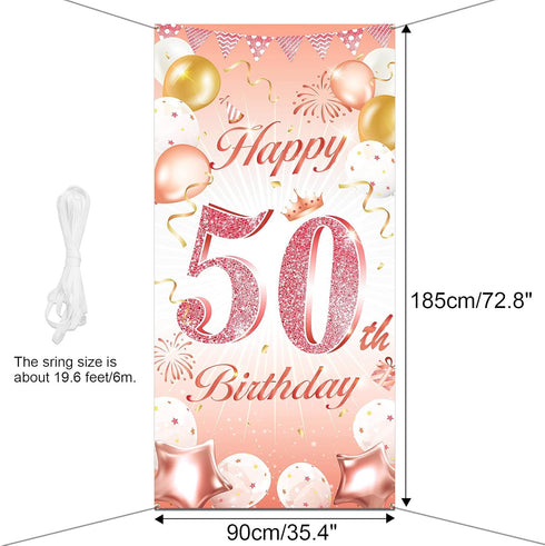 DPKOW Rose Gold 50th Birthday Banner - Backdrop, Wall & Garden Decoration, 185 x 90cm Fabric