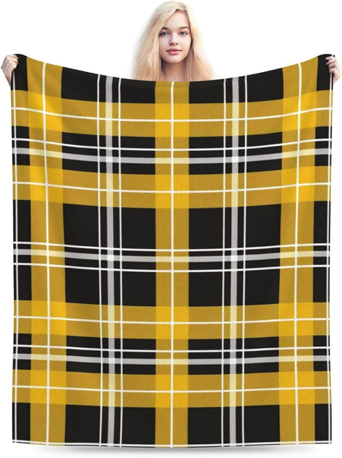 HSYOYO 80"x60" Yellow Black Plaid Throw Blanket Fluffy Fleece Blankets Soft Lightweight Travel Blanket Indoor Outdoor