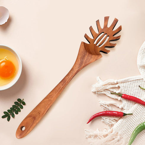 Best Wooden Pasta Spoon, 12.5 Inch Long Acacia Wood Spaghetti Serving Utensil