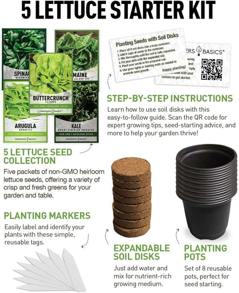 Beginner Indoor Garden Lettuce Kit - Includes Romaine, Buttercrunch Lettuces, Spinach, Arugula, and Kale Heirloom