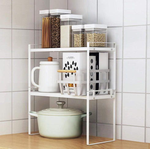 Kitchen Cabinet Shelf Organizer Rack, 2 Pack, Pantry Storage, Bathroom Bedroom Office Table Desk Space Saving, Steel