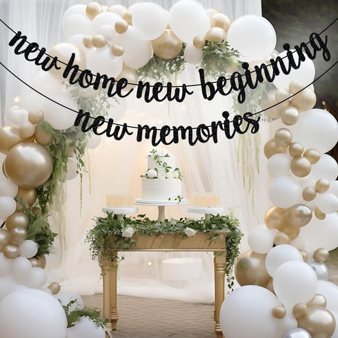 New Home New Beginning New Memories Banner, Housewarming Decoration for New Couple First Home, Black Glitter