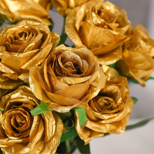 Veryhome 10 Pcs Gold Silk Roses - Artificial Bridal Wedding Bouquet, Real Touch Floral Decor for Christmas Party