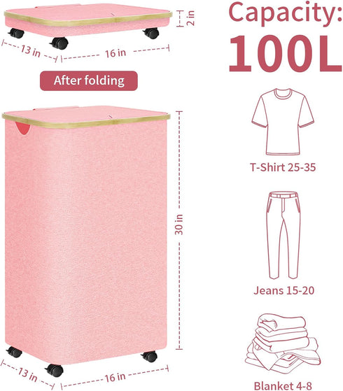 conglow 100L Pink Hamper with Wheels - Large Laundry Hamper with Lid, Rolling Hamper on Wheels, Collapsible Laundry