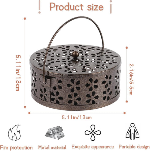 Retro Round Portable Iron Mosquito Coil Holder with Handle, Fireproof Incense Holder for Home Office