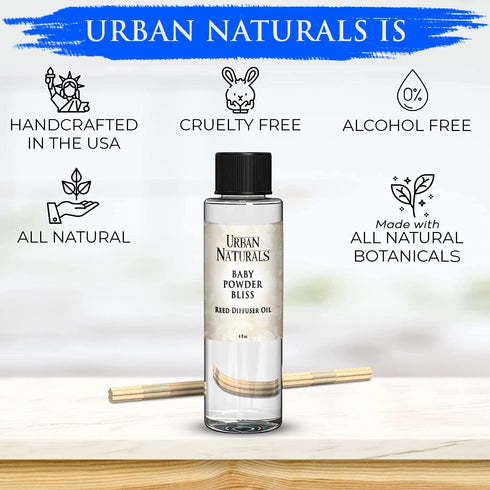 4 oz Urban Naturals Reed Diffuser Oil Refill, Baby Powder Bliss Diffuser Oils with Rose, Geranium, Cedar, + Free Reed