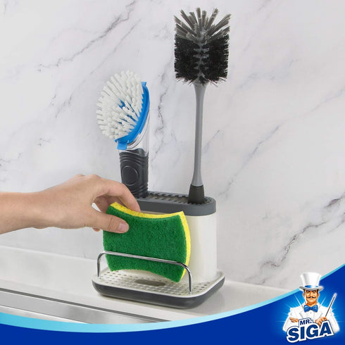 MR.SIGA Kitchen Sink Caddy, Organizer Sponge Brush Holder with Drip Tray, White & Gray