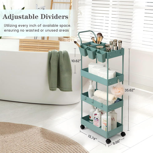 4 danpinera Slim Storage Cart on Wheels, Tier Narrow Laundry Cart with Hooks Hanging Cups Dividers Mobile Rolling Lash