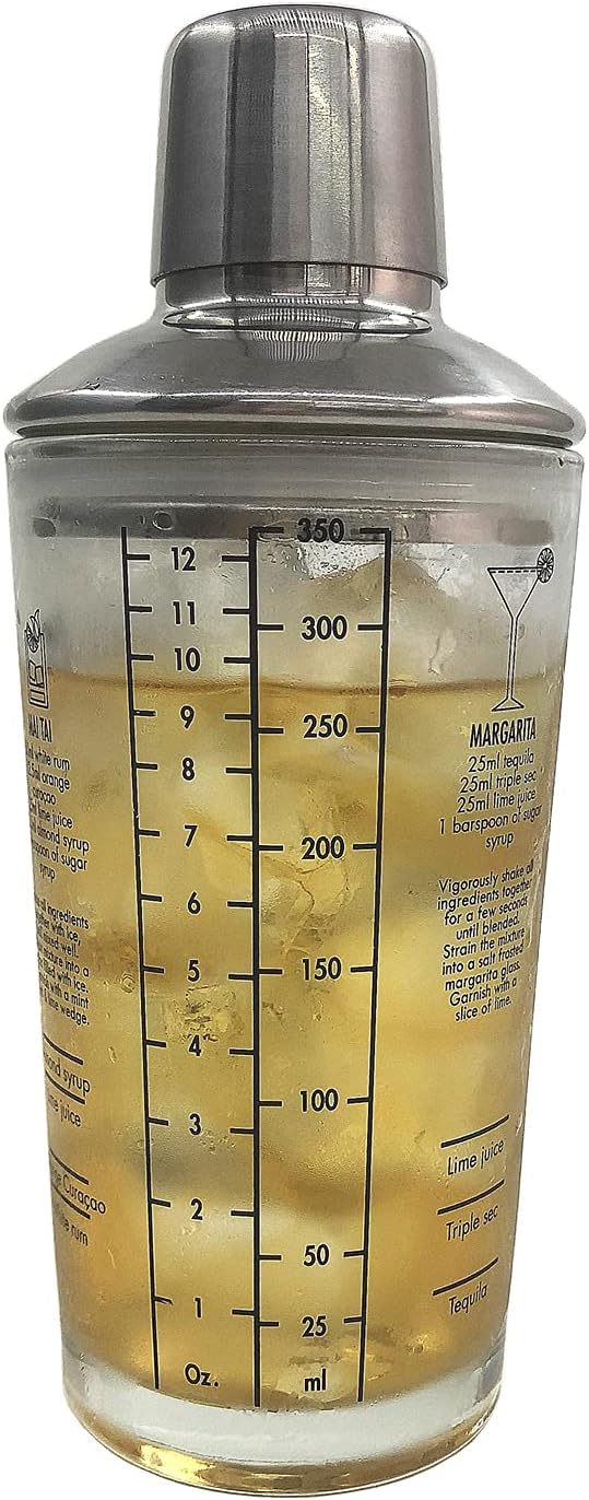 Cocktail Shaker, 12oz Glass Martini Shaker with Measured Mixing Stainless Steel Top Cobbler