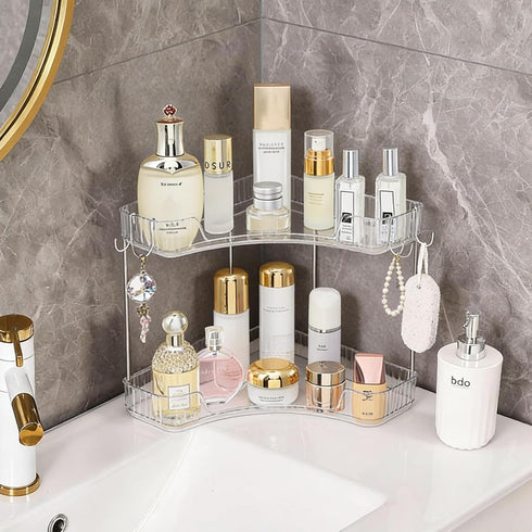2-Tier Corner Bathroom Organizer Countertop with Hooks, Bathroom Sink Corner Vanity Storage