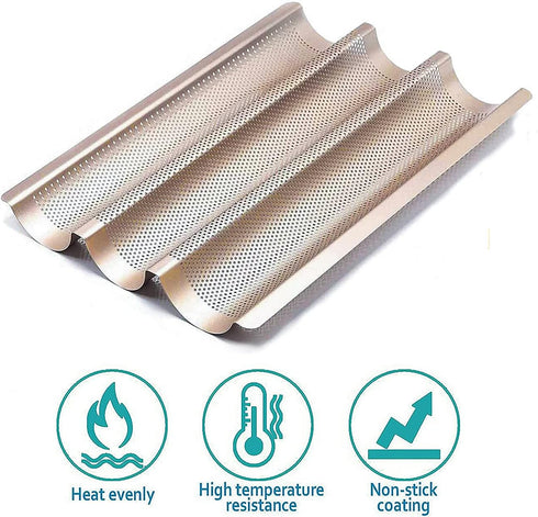 Hesanzol Baguette Pans for Baking 15" x 11", Carbon Steel 3 Loaf Nonstick Baguette Baking Tray for French & Italian Perforated French Bread Pan by Hesanzol