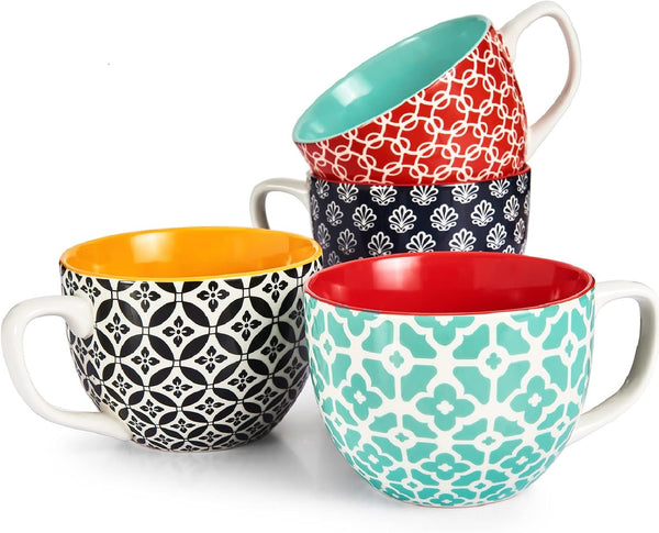 DOWAN Mosaian Soup Mugs, 24oz Large Coffee Mugs Set of 4, Soup