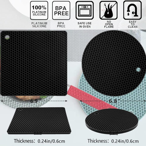 Silicone Pot Mat Trivet, Heat Resistant Counter Mats for Tables, 4 Pack Black (2 Squared + 2 Round)