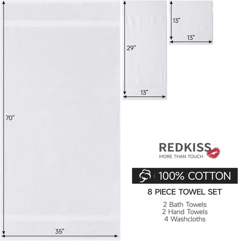 8 Set, 2 (35x70 2 4 100% REDKISS Towels Piece Luxury Bath Towel Bath Sheets in), Hand Towels, Washcloths, Cotton Super
