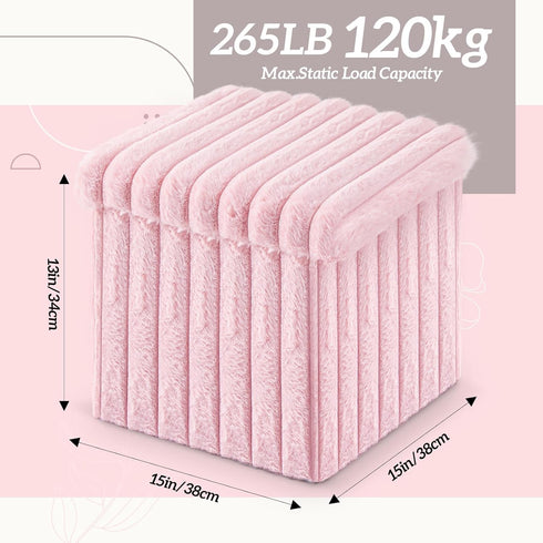 15x15x13 Inch, 265lbs Wenqik Pink Storage Ottoman Cube, Fluffy and Furry Square Foot Rest Stool, Foldable Storage