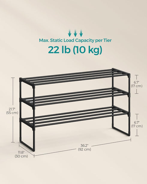 3-Tier 16-20 11.8 36.2 21.7 Inches, ULSA303B02 SONGMICS Shoe Rack, Shoe Organizer, Metal Storage Shelf, Upright