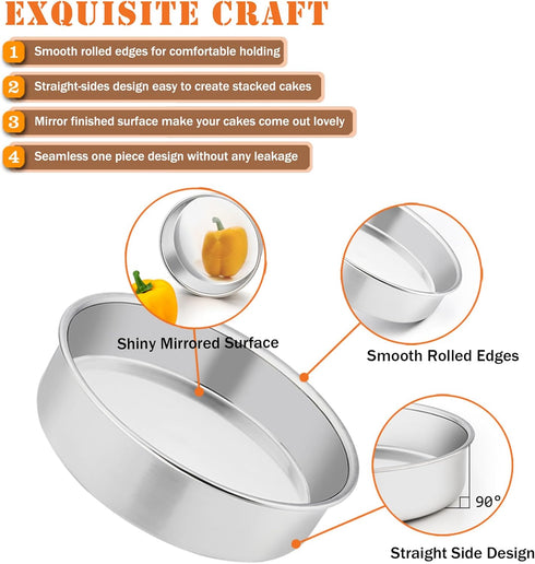 P&P CHEF Cake Pan Set of 2, Stainless Steel Round Baking Layer Cake Pans, 8 Inch, Non Toxic & Easy Clean