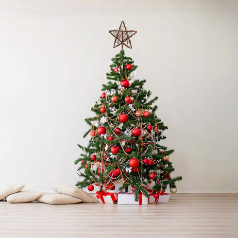 Rustic Christmas Tree Topper, Rattan Natural Star Hollowed-Out Star Ornaments with Coil Base for Holiday Decor
