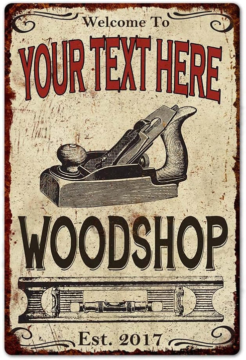 Personalized Woodshop Sign - Man Cave Metal Sign for Dad Woodworking Home Shop Decor (8 x 12 Matte Finish)