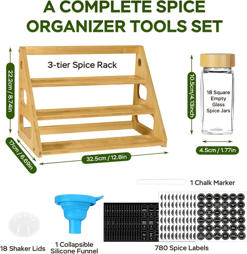 FIKWO 3 18 780 Set Countertop, 4 oz Tier Bamboo Spice Rack Organizer with Spice Jars, Labels, Wood Shelf, Chalk Marker