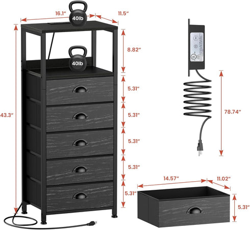 5-Drawer Dresser with Charging Station & Voice Control LED Light, Modern Bedside Table with USB/Type-C Ports