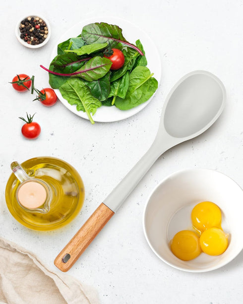 Large Silicone Cooking Spoons, 13.2inch Nonstick Solid Wooden Handle for Serving, Basting, Mixing (Black & White)