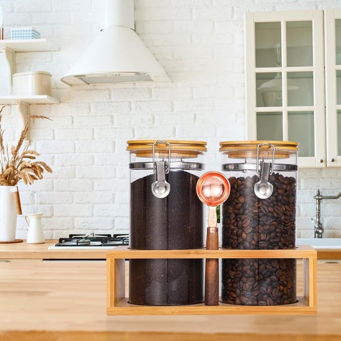 Glass Coffee Storage Container with Bamboo Shelf, 2PCS 49oz Airtight Sealed Jar with Clamp Lid & Spoon