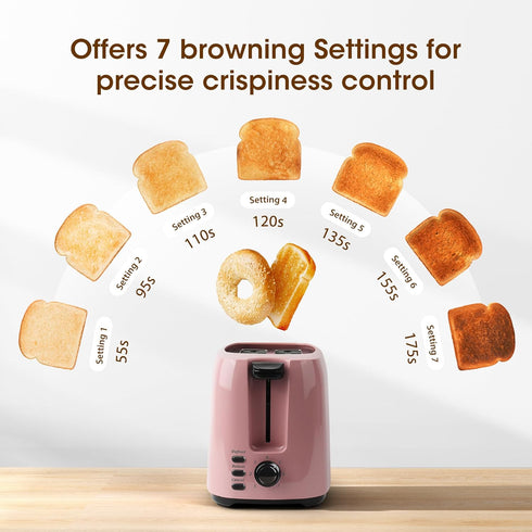 iSiLER 2 Slice Toaster - Pink, 1.3 Inches Wide Slot Bagel Toaster with 7 Shade Settings, Compact with Removable Crumb