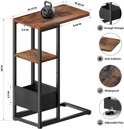 C Shaped End Table, Small Side Table for Couch, Recliner, Slide Under Sofa Tray Desk Snack Tables with Storage Bag