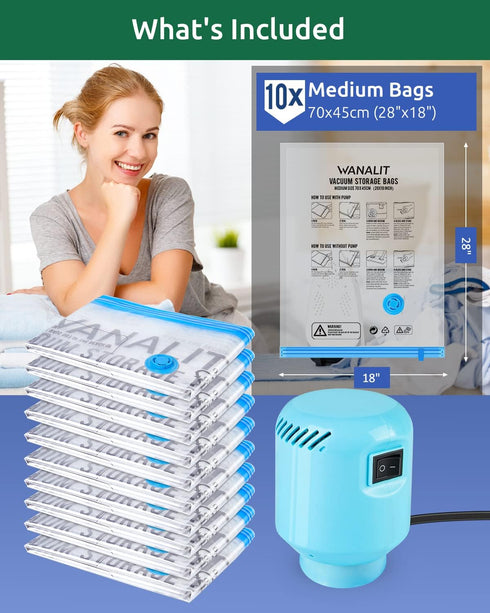 Vacuum Storage Bags with Electric Pump, 10 Pack Medium Size (28"x 18"), Reusable Compression Space Saving
