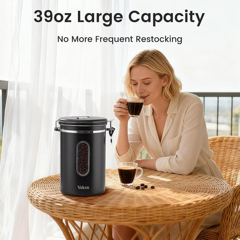 2.2lbs 39oz,Black Veken Large Coffee Canister with Window, Kitchen Food Storage Airtight Stainless Steel Container