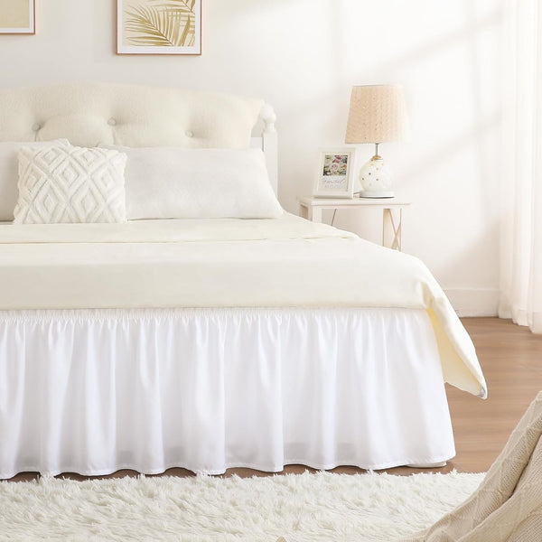 RIMELA White Bed Skirt Queen Size 15 Inch Drop, Elastic Bed Skirting for Bed Base and Frame, Lightweight Adjustable