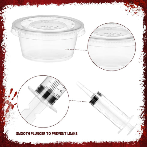 120 2 oz Uiifan Pcs Halloween Party Supplies Blood Bags for Juices Jelly Syringes Cups with Lids Pill Candy Bottles