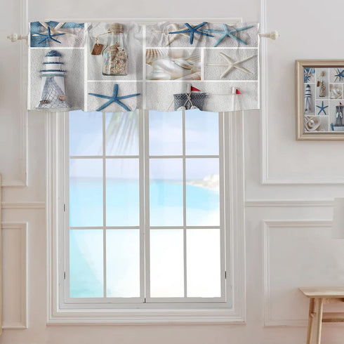 Summer Coastal Grid Valances Curtain for Kitchen Cafe, Ocean Starfish Lighthouse Window Treatment, 42"x 12"