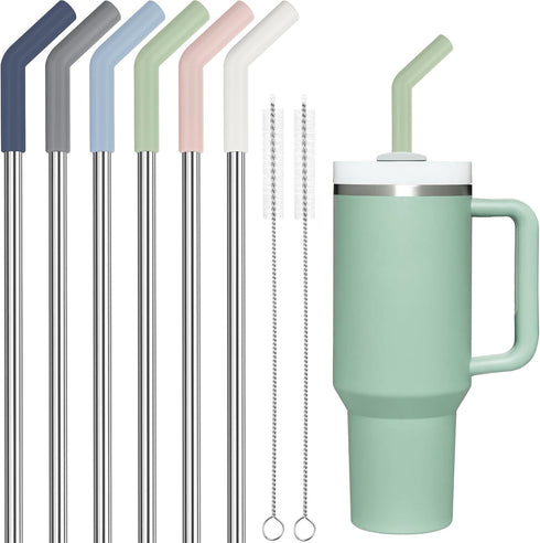 Tomorotec 6PCS Silicone Tip Stainless Steel Straws for 40oz Stanley Tumblers, 12" Long with 2 Cleaning Brushes (Morandi)