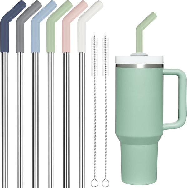 Tomorotec 6PCS Silicone Tip Stainless Steel Straws for 40oz Stanley Tumblers, 12" Long with 2 Cleaning Brushes (Morandi)