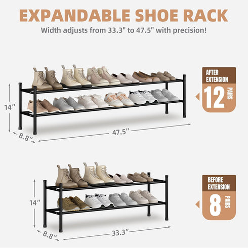 12 Closet, 2 STORAGE MANIAC Long Expandable Shoe Rack, Pairs Metal Wide Stackable Shoe Rack, Adjustable Shoes Shelf