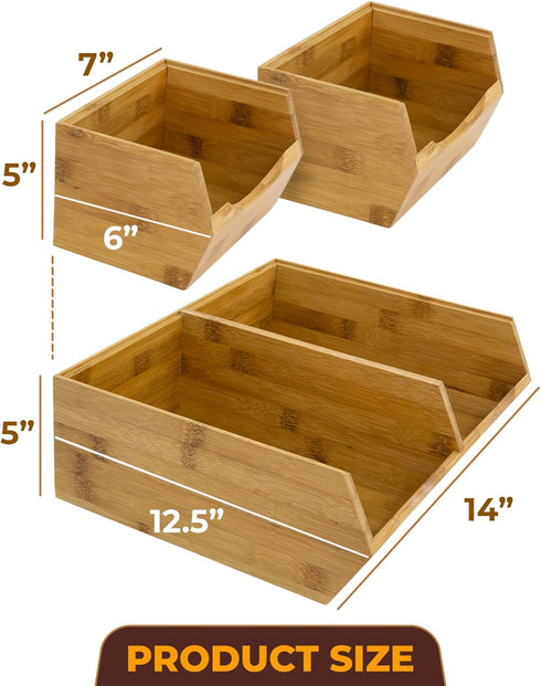 Bamboo Pantry Storage Bins, Stackable Baskets for Potato and Onion Storage, Set of 3 Pieces