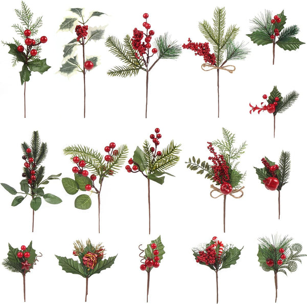 CCINEE Artificial Christmas Red Berry Picks 16 Pack Assorted Pine Berries Branches