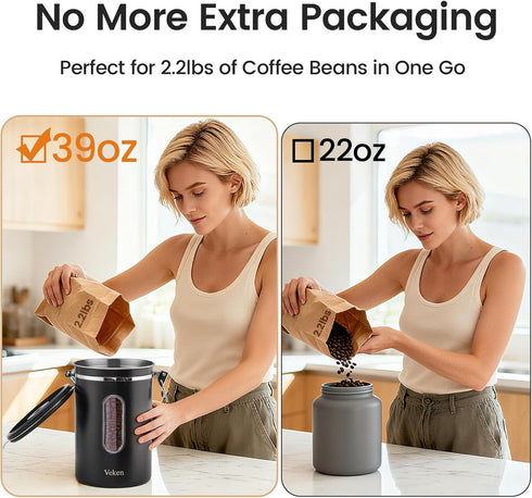 2.2lbs 39oz,Black Veken Large Coffee Canister with Window, Kitchen Food Storage Airtight Stainless Steel Container