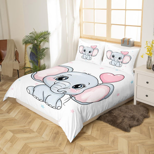Set 3Pcs Feelyou Cute Baby Elephant Duvet Cover Kids Boys Girls Cartoon Elephant Printed Comforter Cover Bedroom