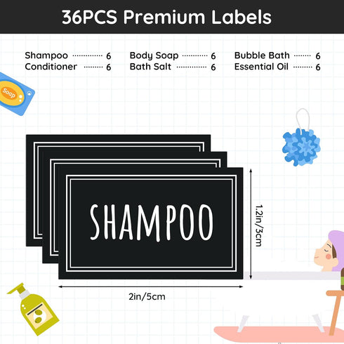 Segbeauty 36PCS Black Waterproof Labels, Self-Adhesive Bathroom Labels for Organizing, Removable Printed Shampoo Conditioner Body Soap Bath Salt Essential Oil Label Stickers for Plastic Glass Bottles by Segbeauty