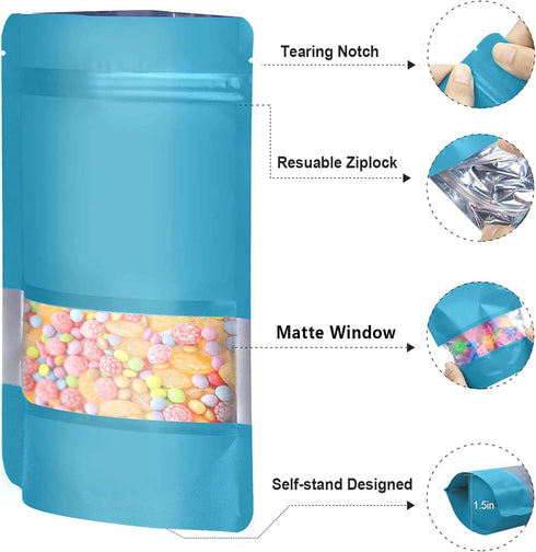 5.5"x7.8" 120pcs Smell Proof Mylar Bags for Food Storage, Stand-up Resealable Mylar Bags Food Storage Bags with Matte Window, Foil Pouch Stand-up Bags for Food Self Sealing Storage Blue by ODDIER