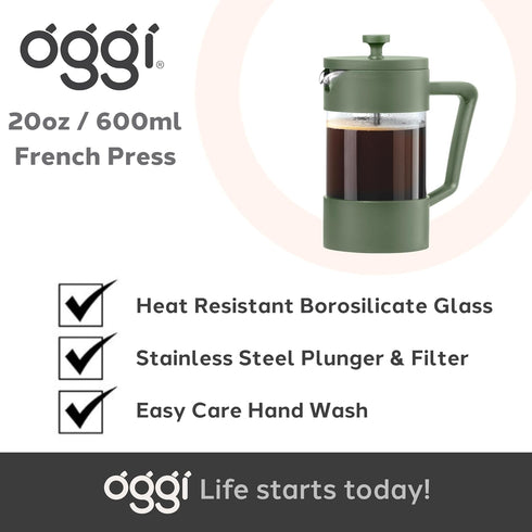 Oggi Borosilicate Glass French Press Coffee Maker (20oz) - 5 Cup Capacity, Coffee Press, Single Serve Coffee Maker,